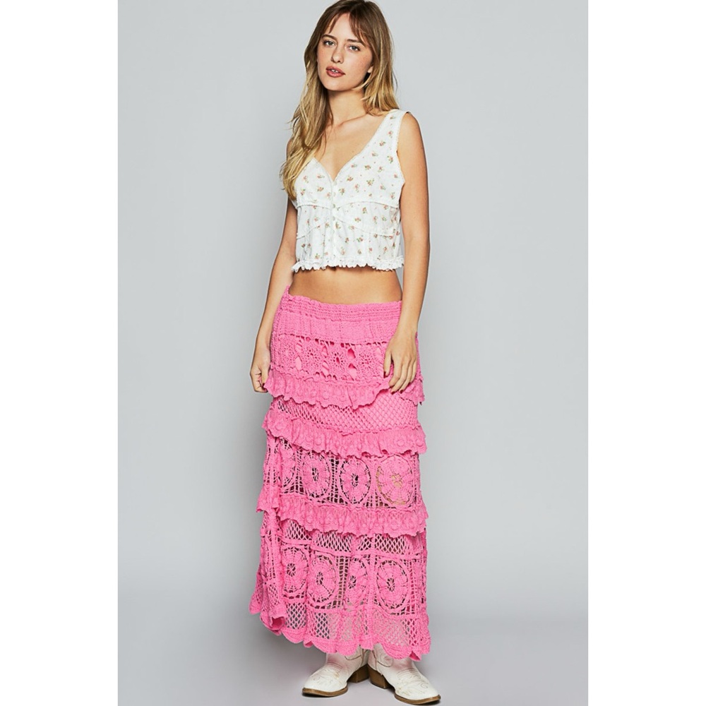 POL Bubblegum Pink Tiered Ruffled Flowy Crochet Maxi Skirt - Picture 3 of 9